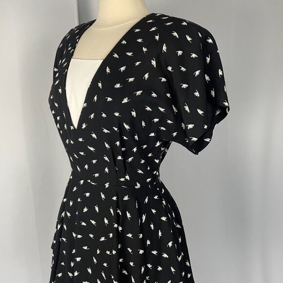Vintage Midi Dress Size 10 Black White Print Peplum Retro Office Secretary 80s - Picture 8 of 15